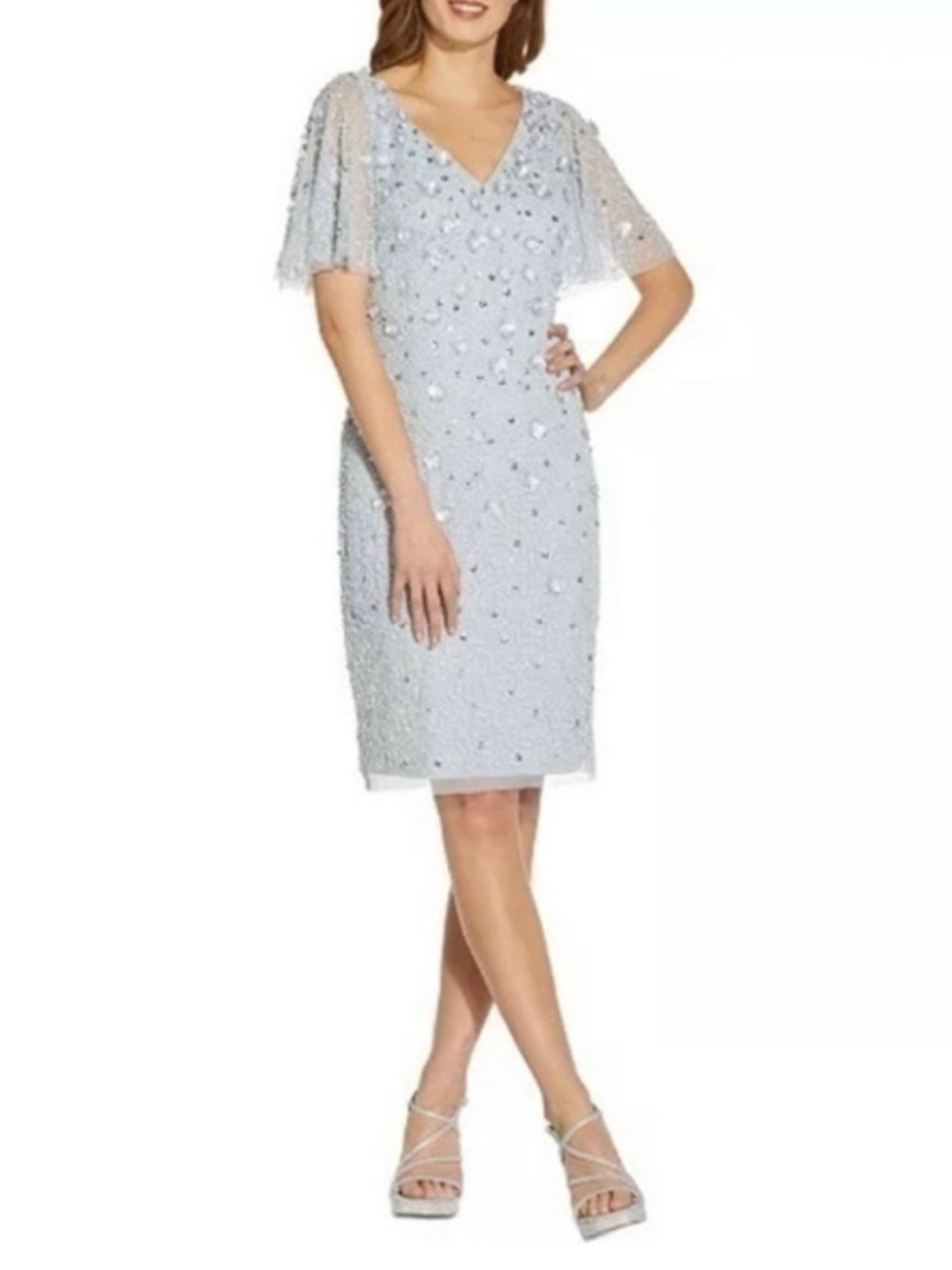 Adrianna Papell Floral Sequin Flutter Beaded Dress in Glacier Blue Size 14W